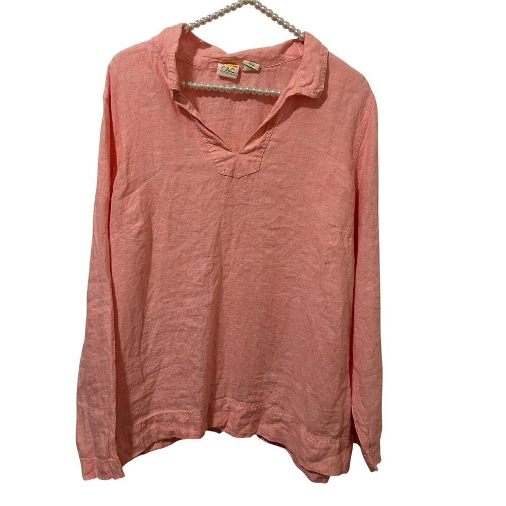 c c california linen top womens 1X shirt VNeck Coastal Capsule Boho Classic Pink
